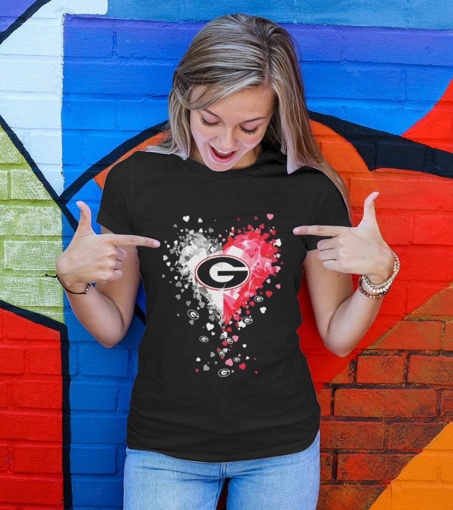 Georgia Bulldogs Heart Shaped Red And White Gemstone T-Shirt