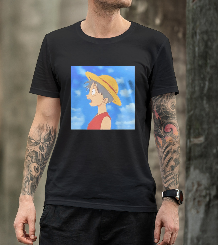 Monkey D Luffy Sky Gazing Red Vest Yellow Straw Hat Anime Scene Clouds Blue Sky T-Shirt
