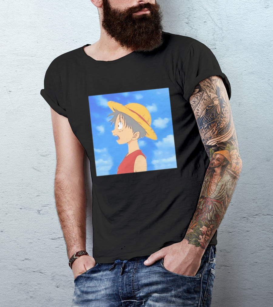 Monkey D Luffy Sky Gazing Red Vest Yellow Straw Hat Anime Scene Clouds Blue Sky T-Shirt