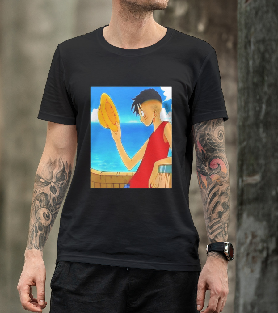 One Piece Luffy Taper Fade Anime Manga Straw Hat Ocean Scene T-Shirt