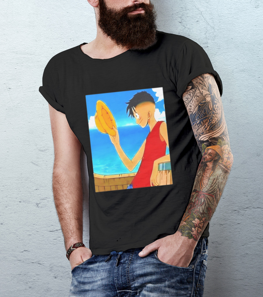 One Piece Luffy Taper Fade Anime Manga Straw Hat Ocean Scene T-Shirt