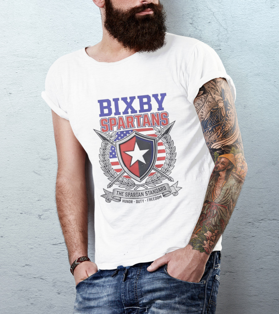 Bixby Spartans Honor Duty Freedom American Flag Shield T-Shirt