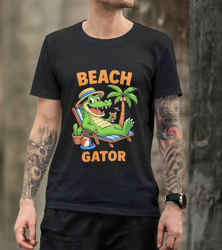 Beach Gator Tropical Alligator Vacation Relaxing With Cocktail Palm Tree T-Shirt