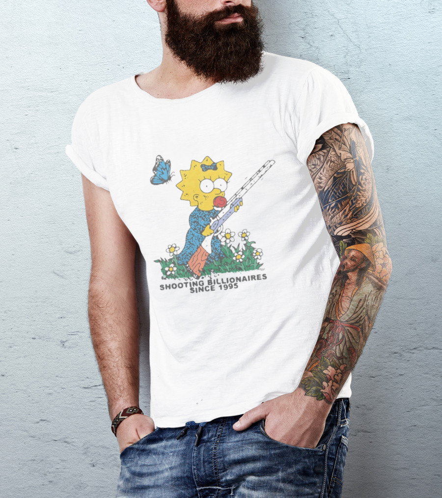 Maggie Simpson Shooting Billionaires Butterfly And Flowers Since 1995 T-Shirt