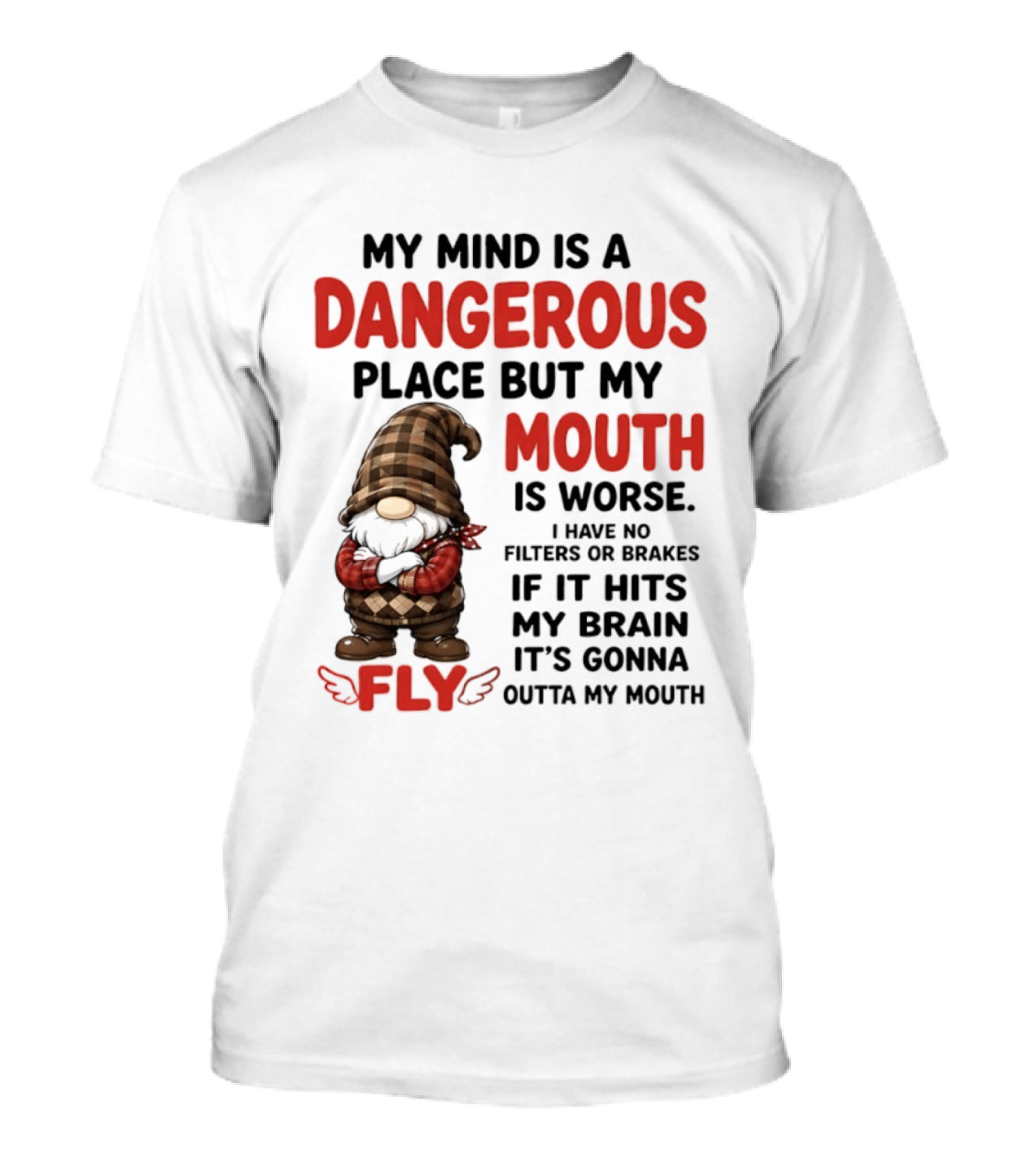 My Mind Is A Dangerous Place But My Mouth Is Worse Gnome Fly No Filters Or Brakes T-Shirt