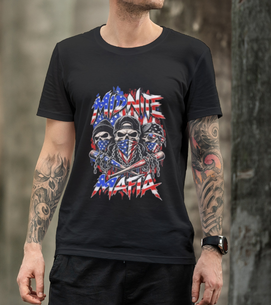 Midnite Mafia Skulls American Flag Bandanas Baseball Bats Chains T-Shirt