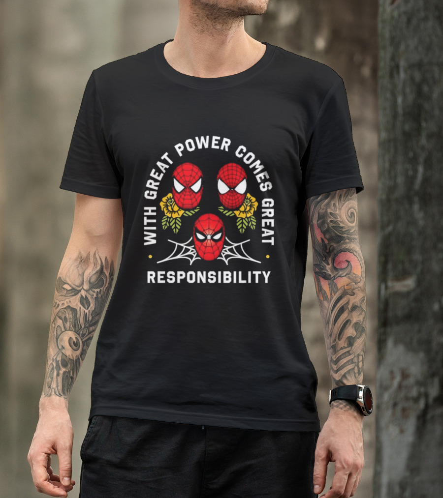 With Great Power Comes Great Responsibility Spider Man Masks Webs Flowers T-Shirt