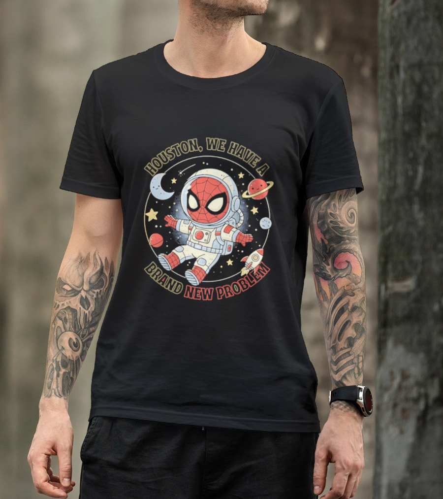 Houston We Have A Brand New Problem Spider Man Astronaut Moon Stars Planets T-Shirt