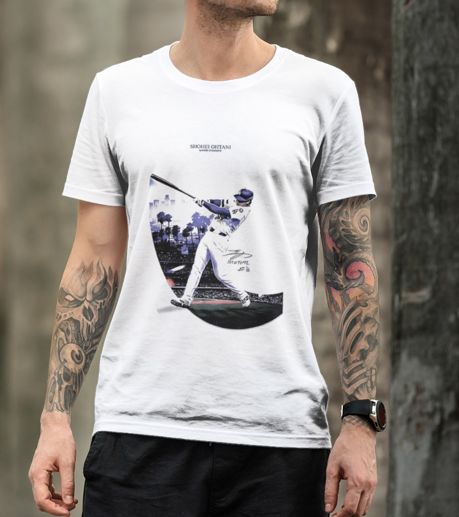 Shohei Ohtani 17 Los Angeles Angels MLB Slugger Swing Two Sided T-Shirt