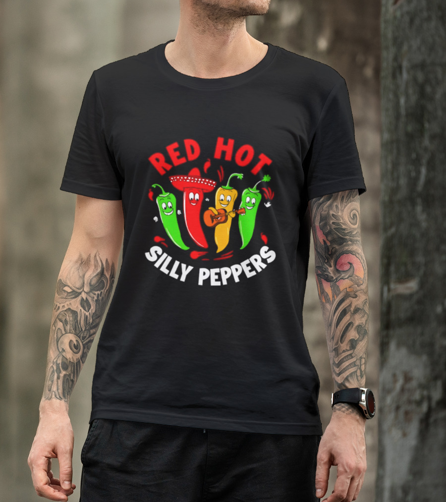 Red Hot Silly Peppers Band With Colorful Chili Cartoon Characters Playing Guitar T-Shirt