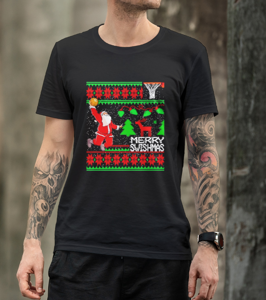 Santa Claus Dunking Basketball Ugly Christmas Sweater Merry Swishmas T-Shirt
