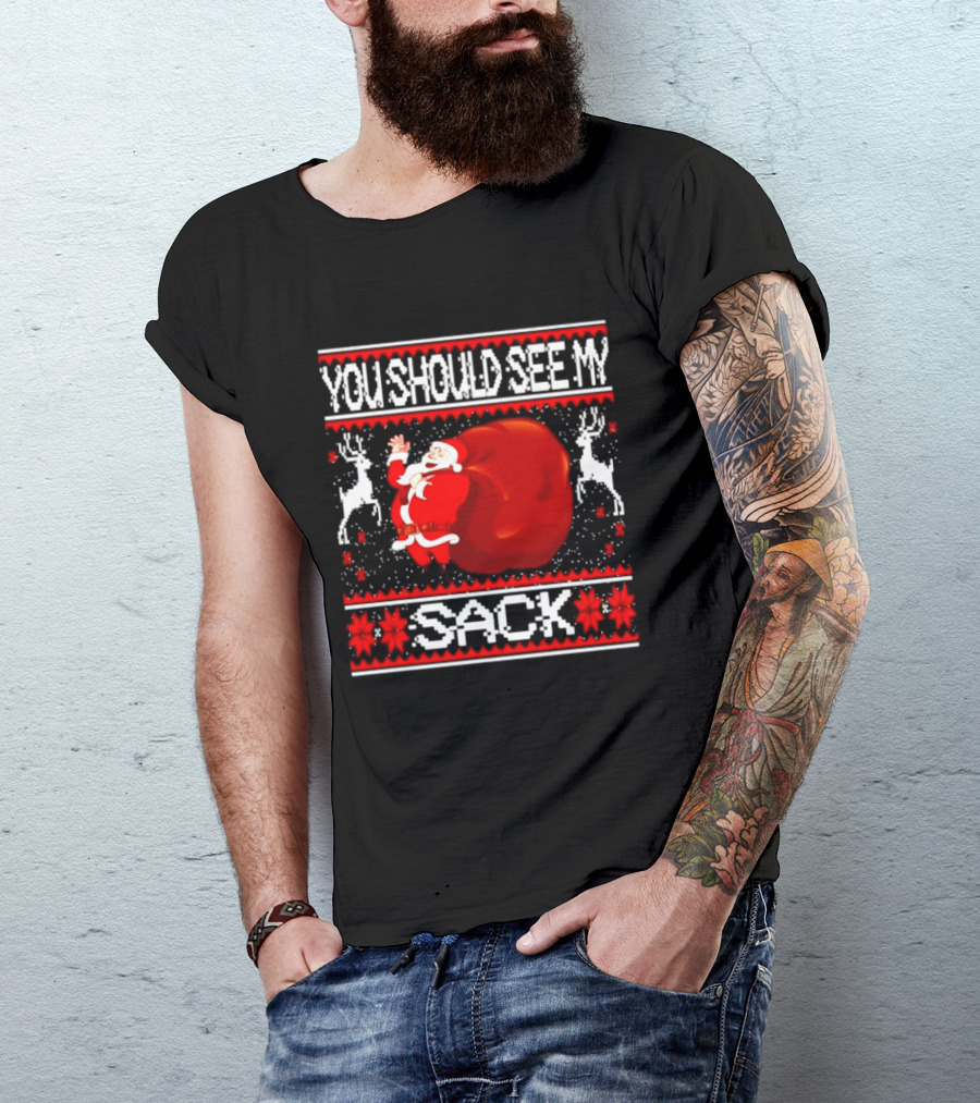 You Should See My Sack Santa Claus Ugly Christmas Reindeer Snowflakes T-Shirt