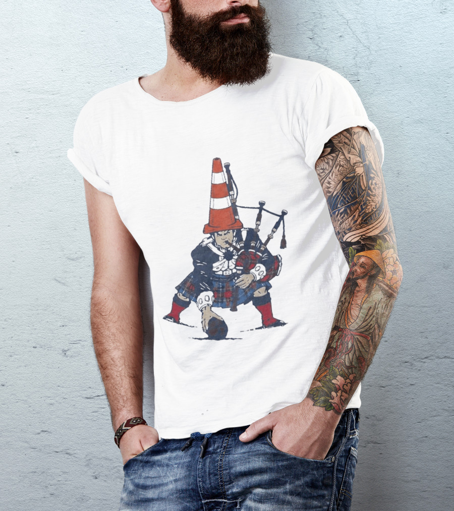 Bagpipes Player With Traffic Cone Hat Scottish Kilt Outfit T-Shirt
