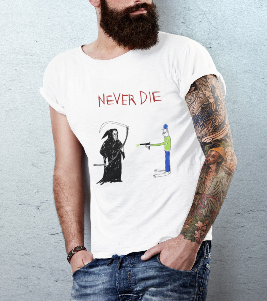 Never Die Grim Reaper Confronts Armed Man Drawing T-Shirt