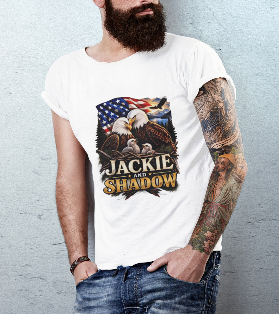 Jackie And Shadow Bald Eagles With American Flag T-Shirt
