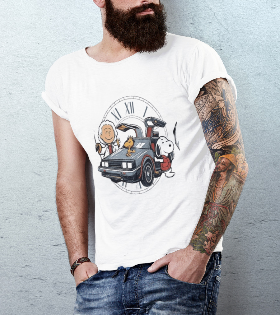 Peanuts Characters With DeLorean Time Machine And T-Shirt