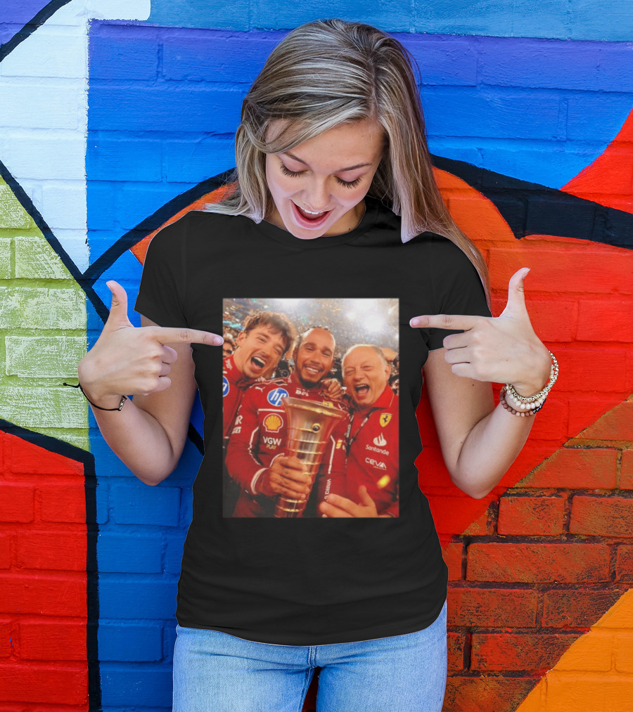 Charles Leclerc Lewis Hamilton Frederic Vasseur Ferrari Victory Celebration Trophy BP Shell Santander CEVA Racing T-Shirt
