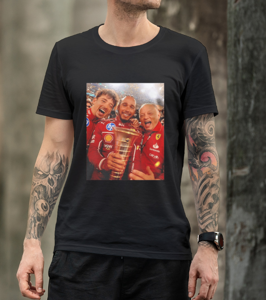 Charles Leclerc Lewis Hamilton Frederic Vasseur Ferrari Victory Celebration Trophy BP Shell Santander CEVA Racing T-Shirt