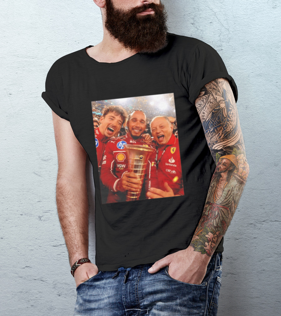 Charles Leclerc Lewis Hamilton Frederic Vasseur Ferrari Victory Celebration Trophy BP Shell Santander CEVA Racing T-Shirt