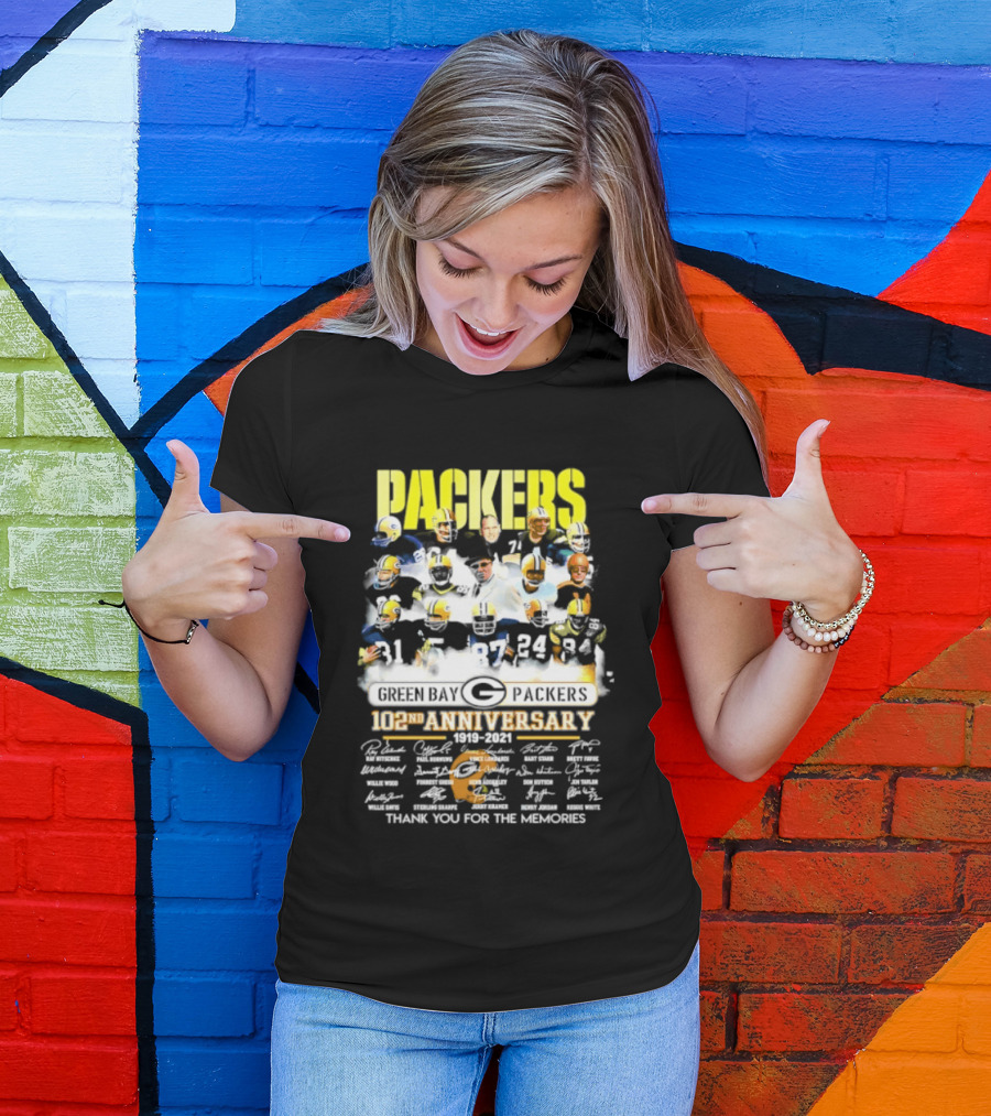 Green Bay Packers 102nd Anniversary 1919 2021 Thank You For The Memories Packers Legends Signatures Collection T-Shirt
