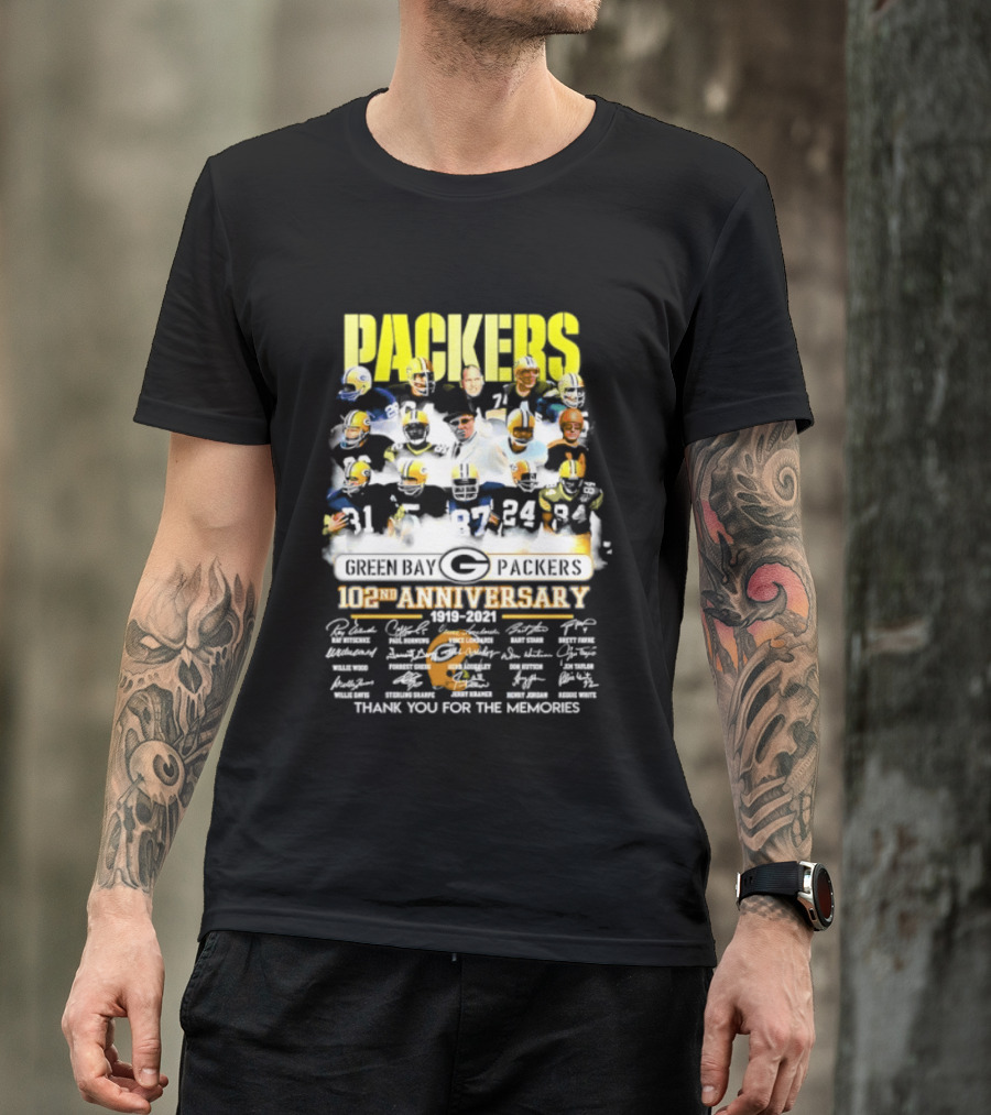 Green Bay Packers 102nd Anniversary 1919 2021 Thank You For The Memories Packers Legends Signatures Collection T-Shirt