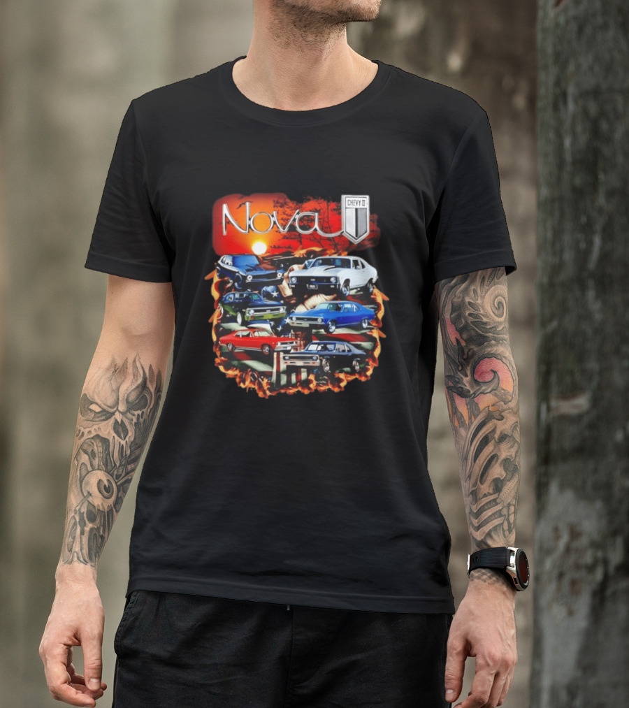 Nova Chevy II American Flag Muscle Car Collection Vintage Sunset T-Shirt