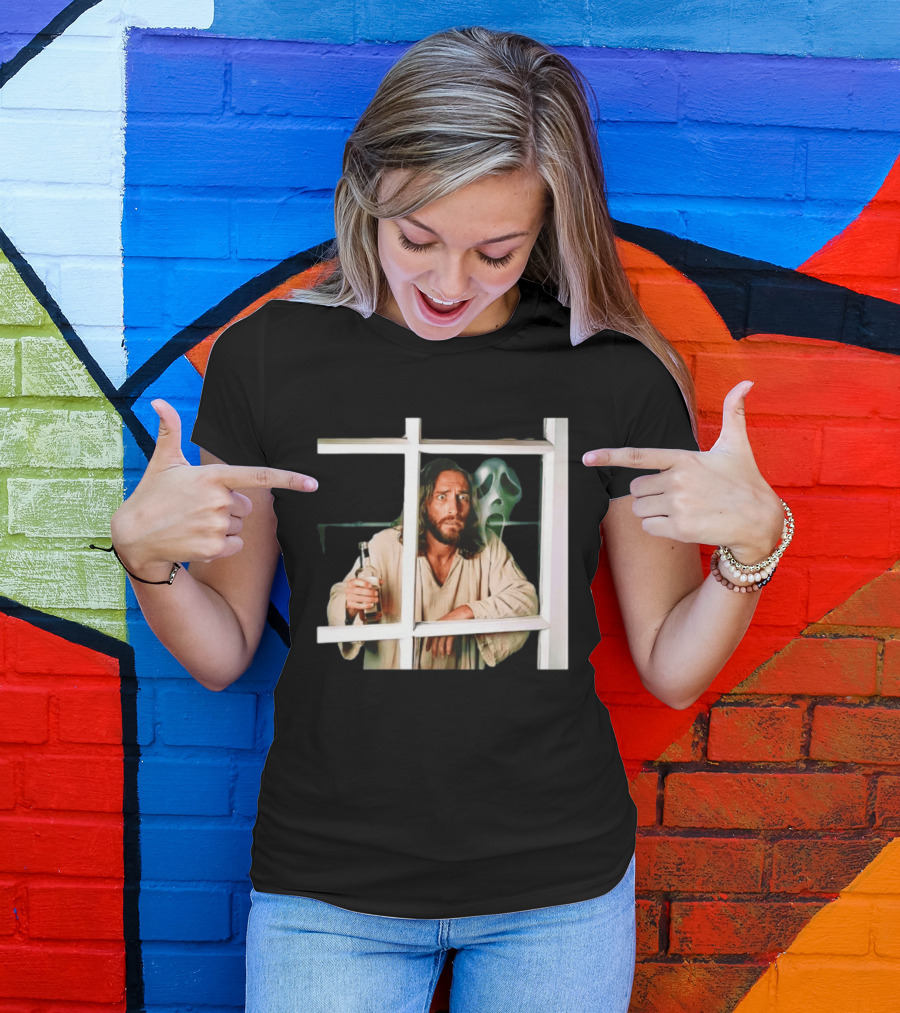 Jesus Drinking Whiskey With Ghostface Killer Behind Window T-Shirt