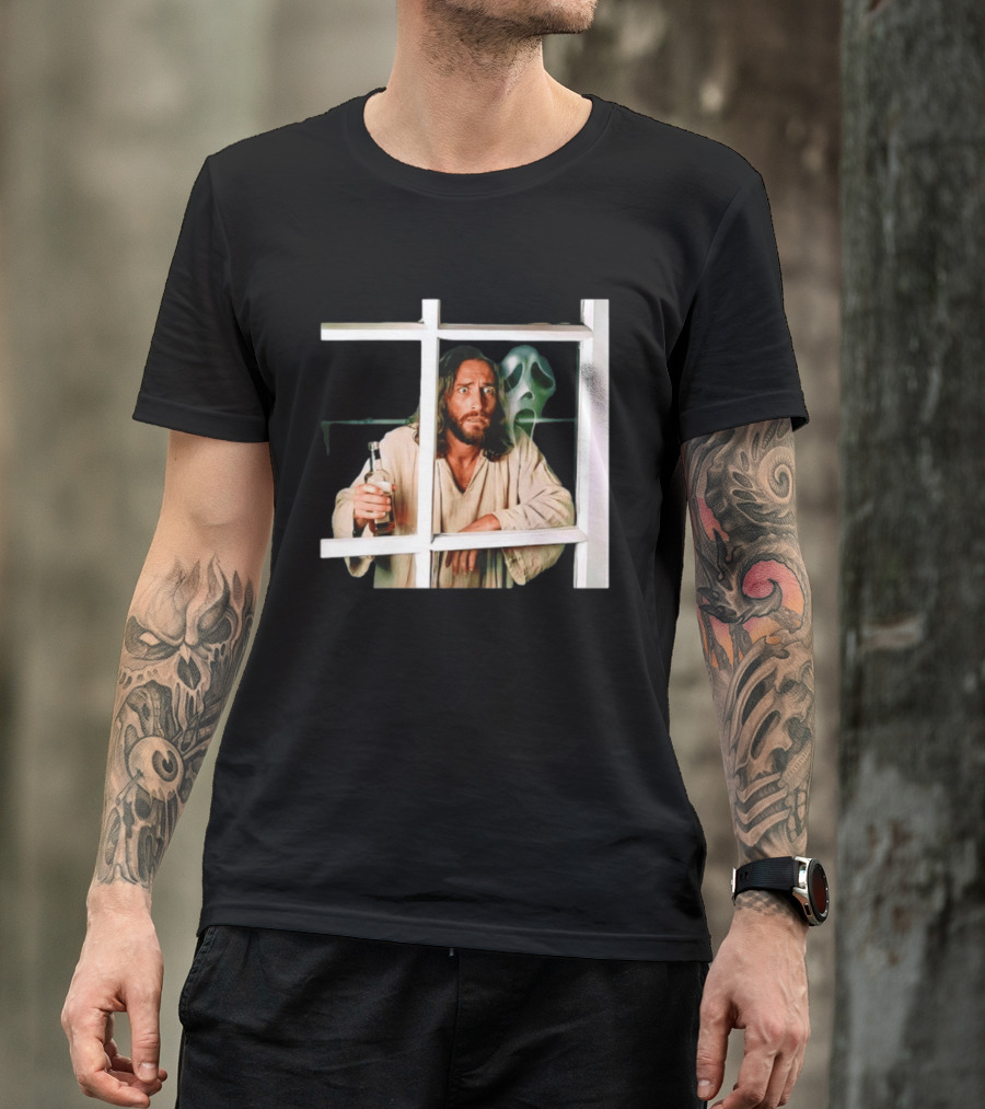 Jesus Drinking Whiskey With Ghostface Killer Behind Window T-Shirt