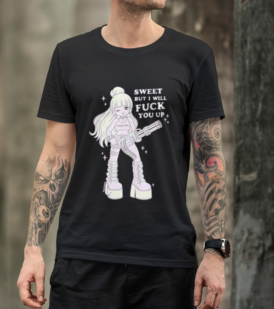 Sweet But I Will Fuck You Up Anime Girl Gun Platform Boots T-Shirt
