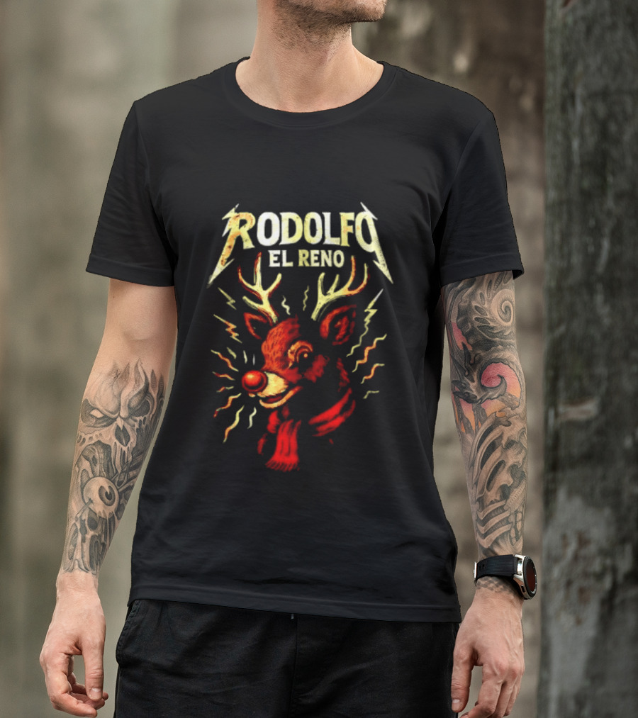 Rodolfo El Reno Heavy Metal Reindeer Christmas Lightning Antlers T-Shirt