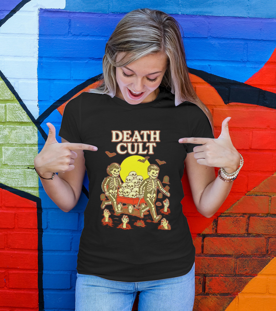 Death Cult Skeleton Kids Hauling Skull Filled Wagon With Rising Hands And Bats T-Shirt