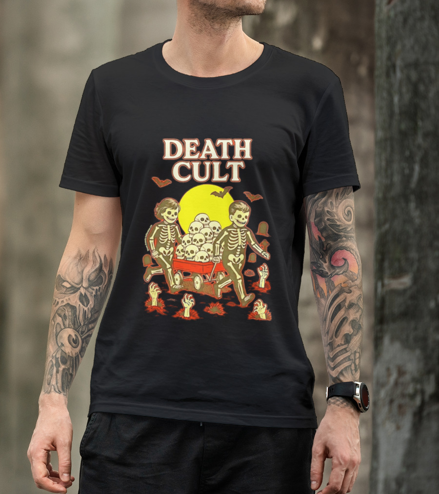 Death Cult Skeleton Kids Hauling Skull Filled Wagon With Rising Hands And Bats T-Shirt