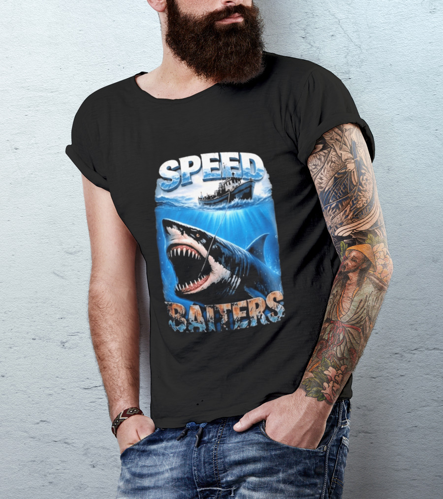 Speed Baiters Shark With Boat And Ocean T-Shirt