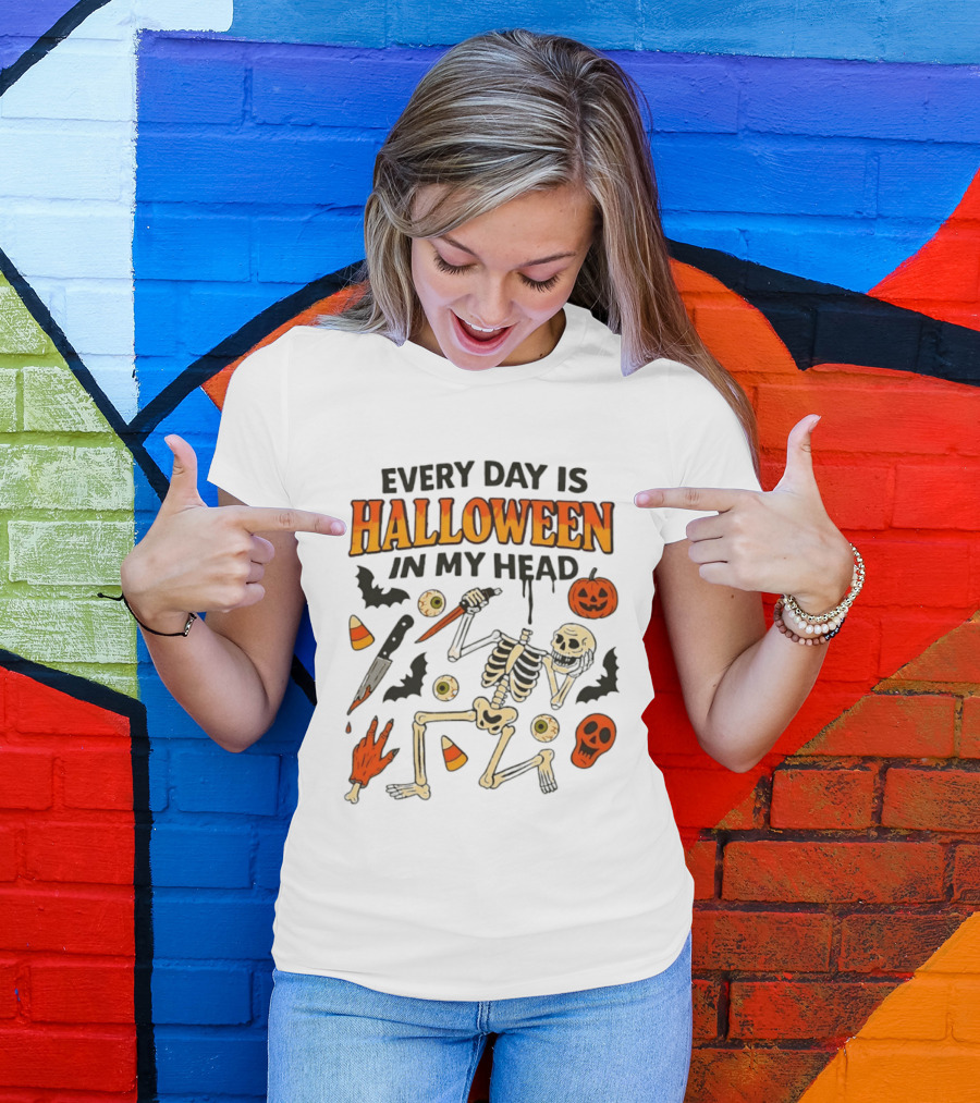 Every Day Is Halloween In My Head Teen Hearts Skeleton Pumpkin Bats Candy Corn T-Shirt