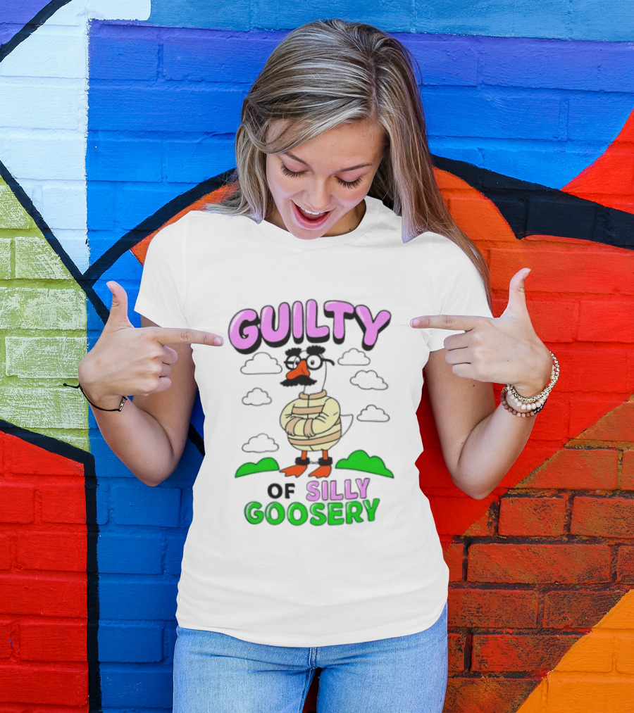 Guilty Of Silly Goosery Cartoon Goose In Striped Suit T-Shirt