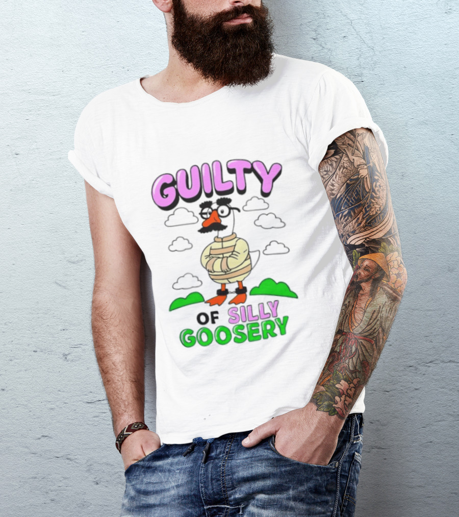 Guilty Of Silly Goosery Cartoon Goose In Striped Suit T-Shirt