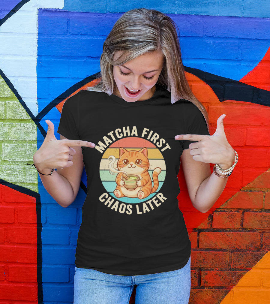 Matcha First Chaos Later Cat Retro Stripes Tea T-Shirt