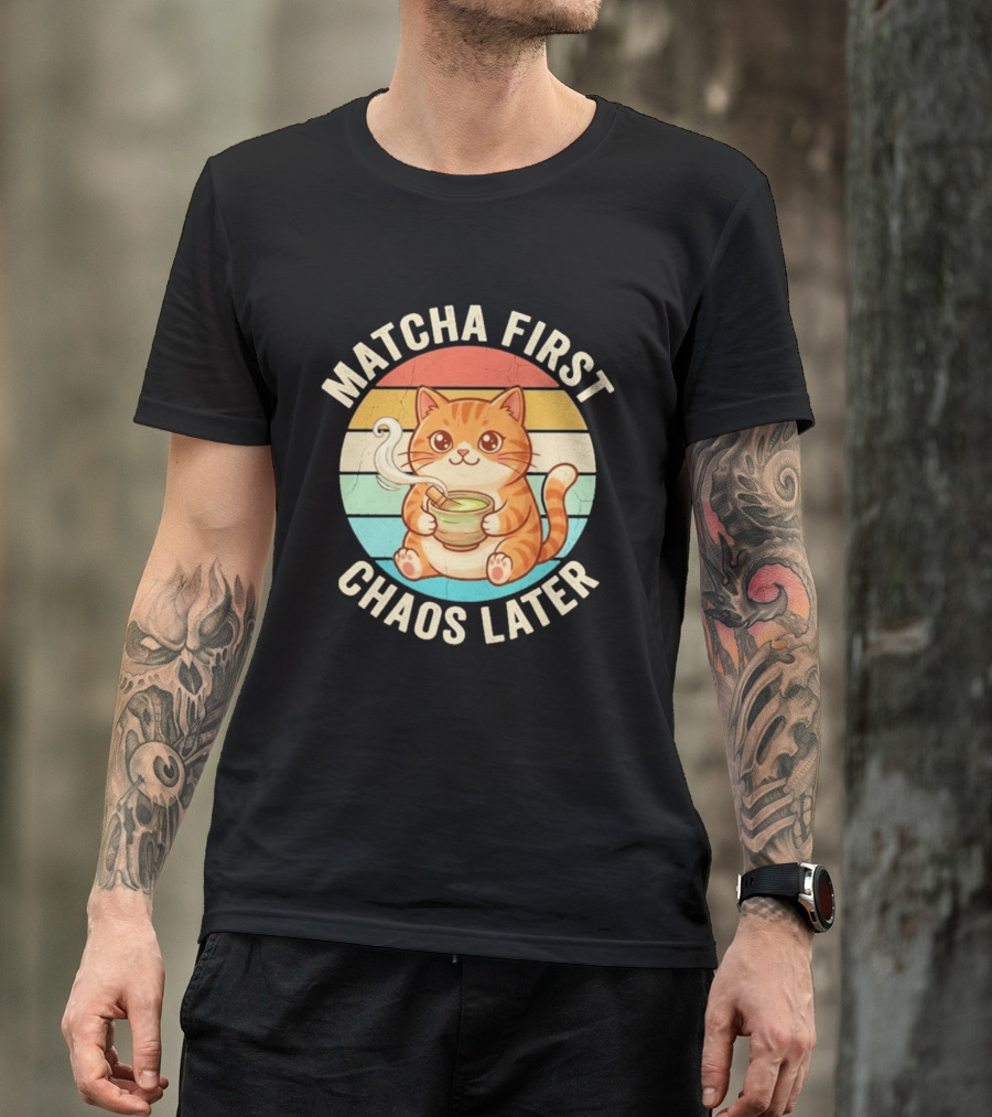 Matcha First Chaos Later Cat Retro Stripes Tea T-Shirt
