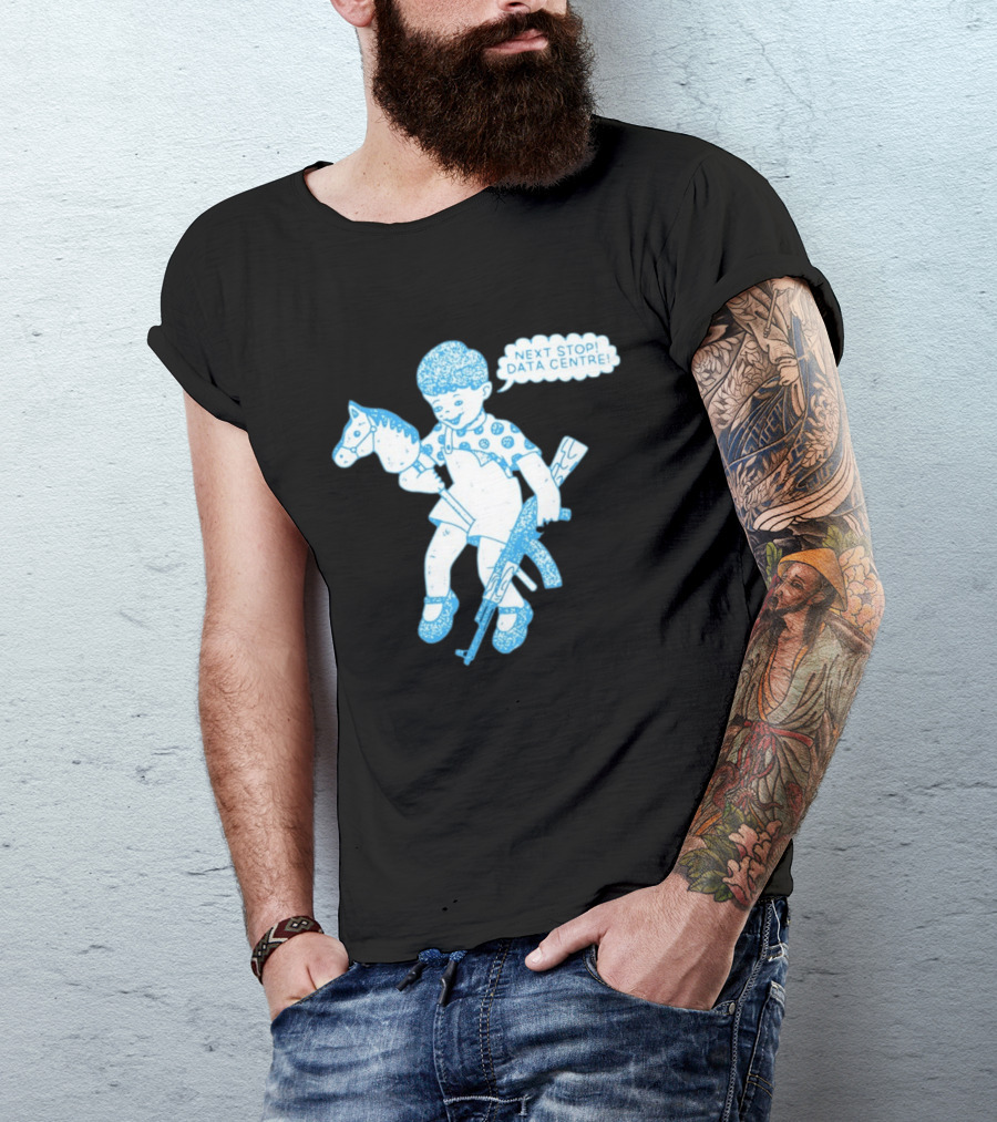 Next Stop Data Centre Kid With Hobby Horse And Toy Rifle Tech Humor T-Shirt