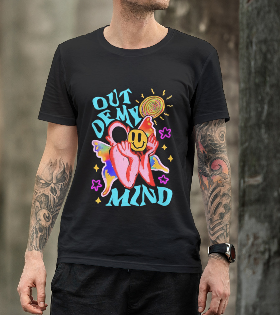 Out Of My Mind Smiley Face Butterfly Psychedelic Sunburst Fantasy Flowers T-Shirt