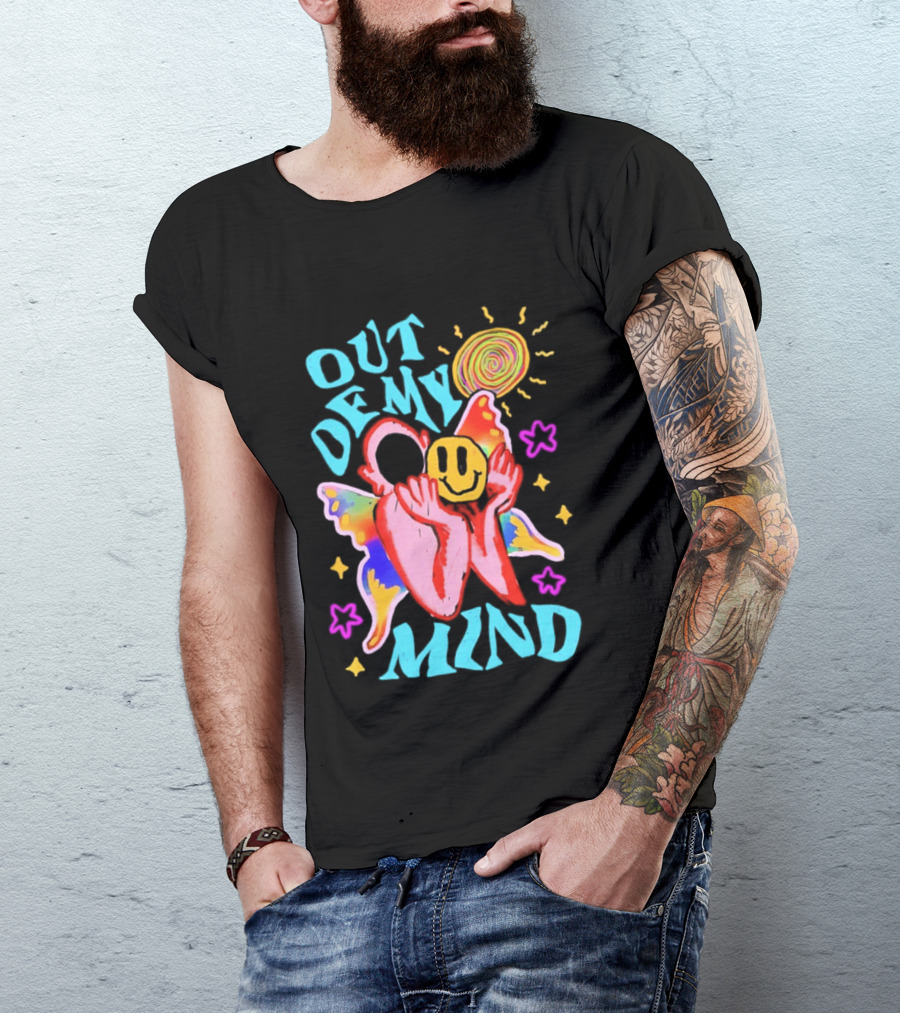 Out Of My Mind Smiley Face Butterfly Psychedelic Sunburst Fantasy Flowers T-Shirt