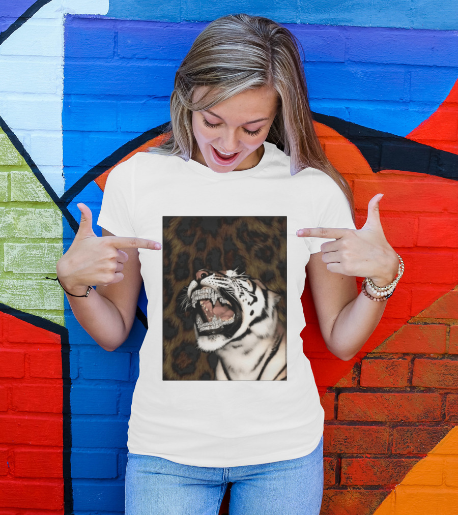 Tiger Diamond Grillz Iced Out Animal Roaring With Leopard Print T-Shirt