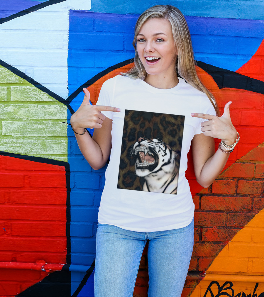 Tiger Diamond Grillz Iced Out Animal Roaring With Leopard Print T-Shirt