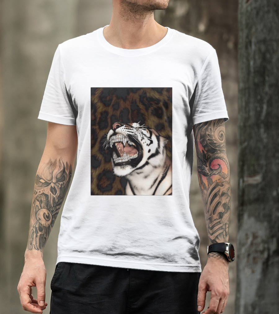 Tiger Diamond Grillz Iced Out Animal Roaring With Leopard Print T-Shirt
