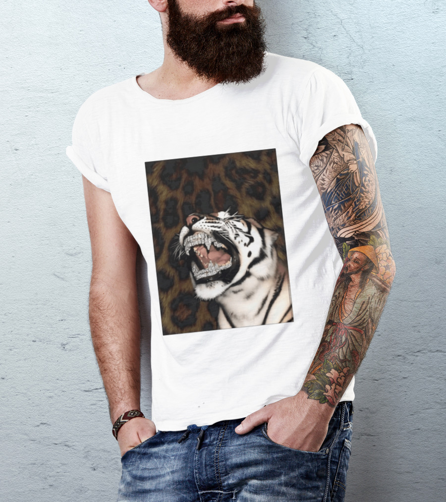 Tiger Diamond Grillz Iced Out Animal Roaring With Leopard Print T-Shirt