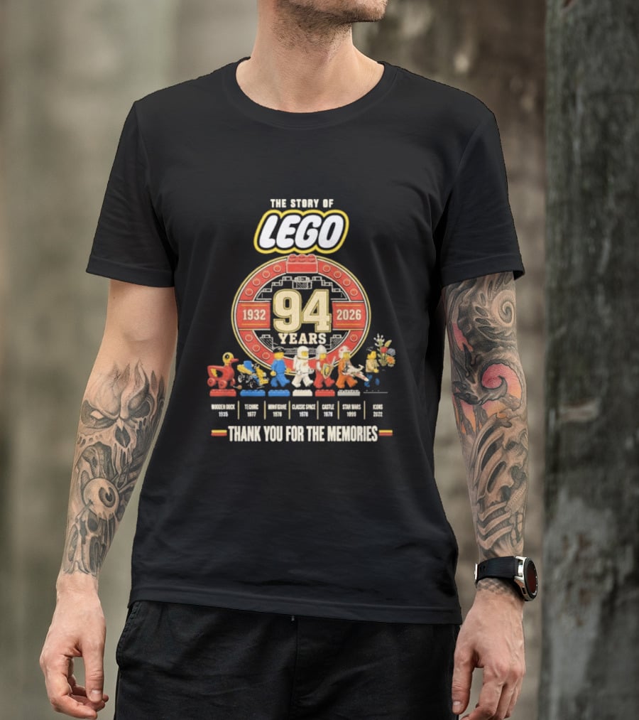 The Story Of Lego 1932 2026 94 Years Thank You For The Memories History Timeline T-Shirt