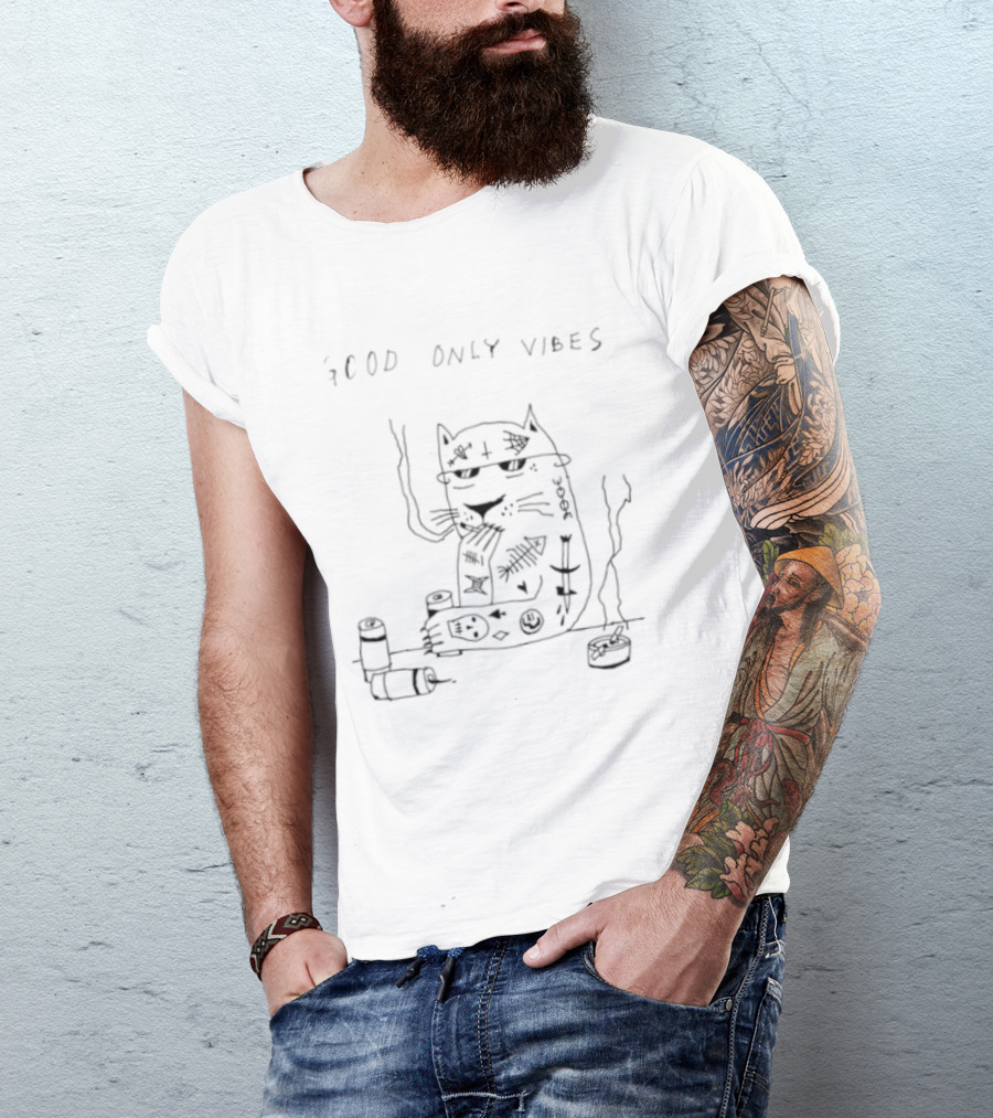 Good Only Vibes Smoking Cat Drawing With Chill Feline And Relaxed T-Shirt