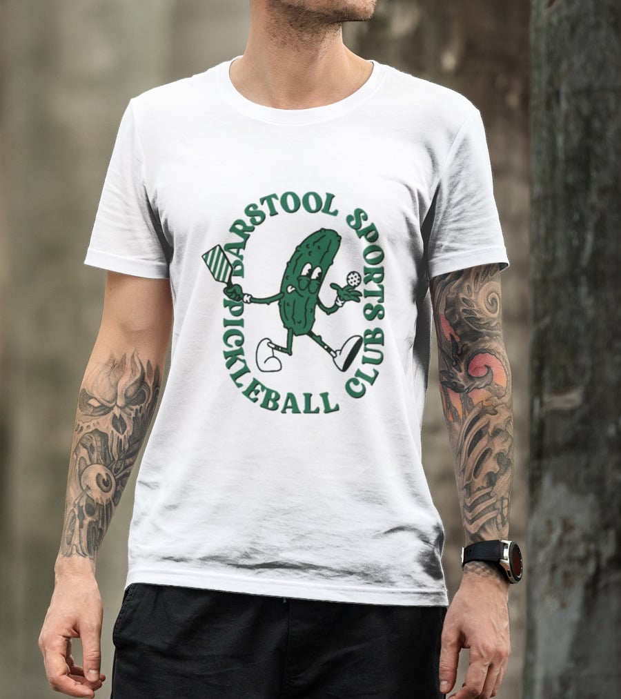 Barstool Sports Pickleball Club Animated Pickle Character With Paddle And Ball T-Shirt
