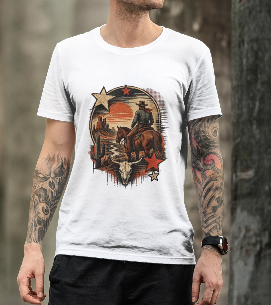 Cowboy On Horseback Under Desert Sunset With Cactus And Skull T-Shirt