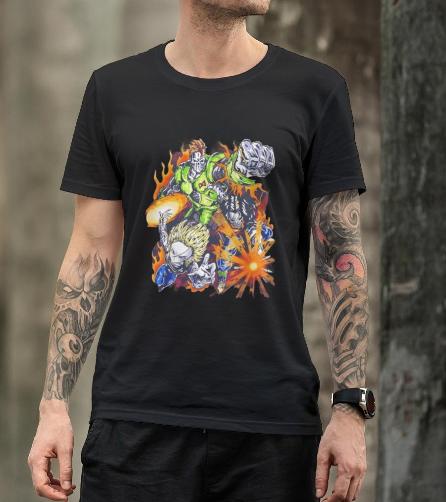 Dragon Ball Z Vintage Style Android 16 17 18 Fiery Action Scene Bootleg T-Shirt